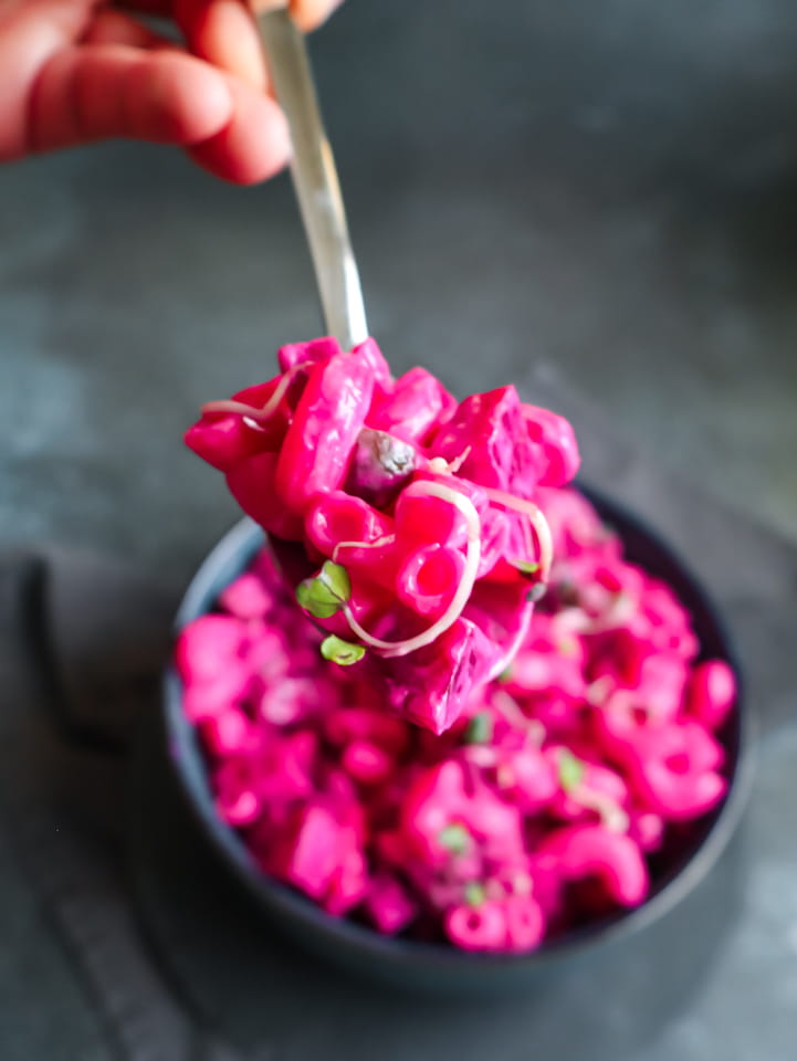 rote-bete-nudelsalat-06 Überbackene Birne mit Gorgonzola und Walnüsse