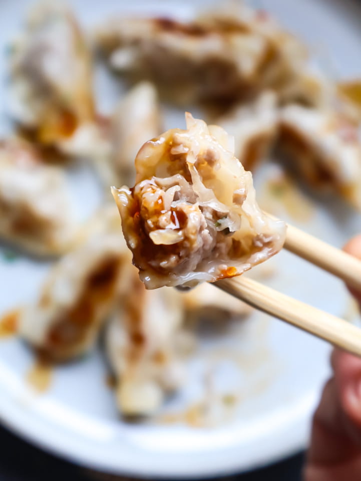 Füllung von Gyoza mit Kraut und Hackfleisch