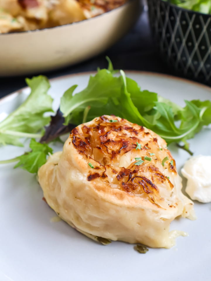 Kraut Krapfen Einzelner Krautkrapfen auf einem Teller